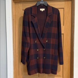 Marled Double-Breasted Plaid Blazer in Burgundy & Navy